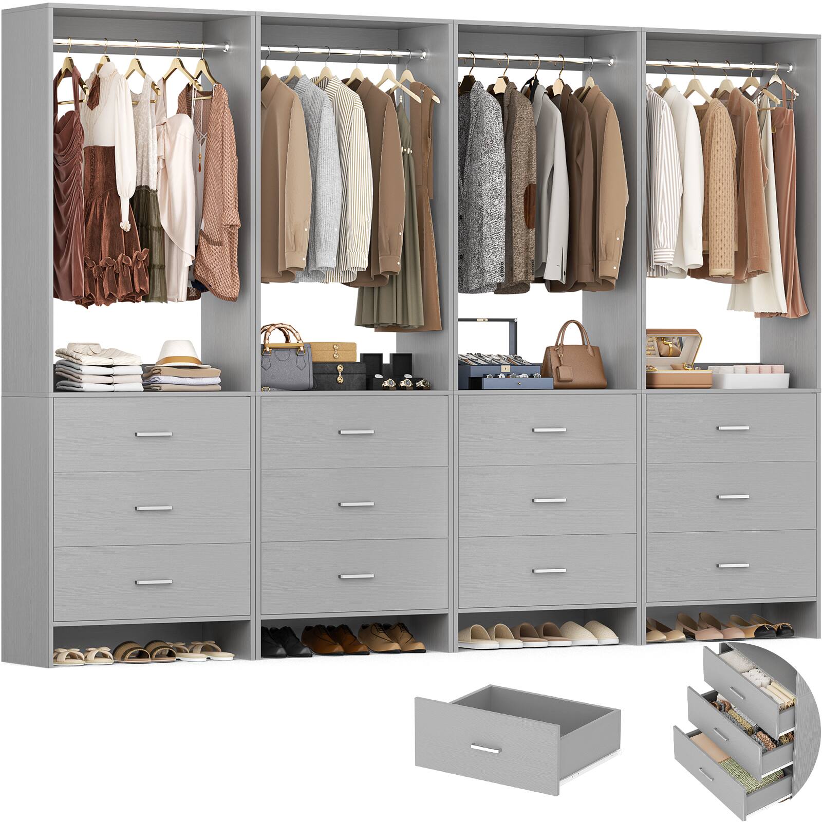 Angle. Aheaplus - 8FT Wood Wardrobe System with 4 Hanging Rods and 12 Drawers, Clothes Rack for Closet/Bedroom, 4 Piece Set - Gray.