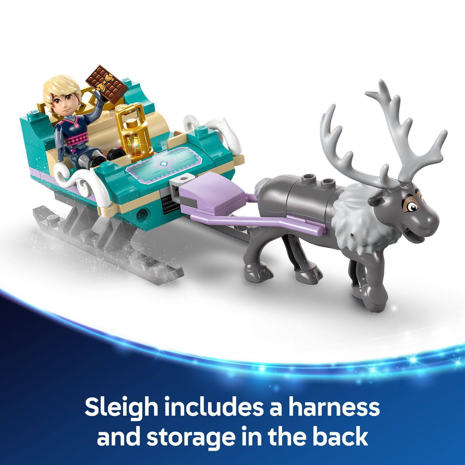 Sleigh includes a harness and storage in the back.