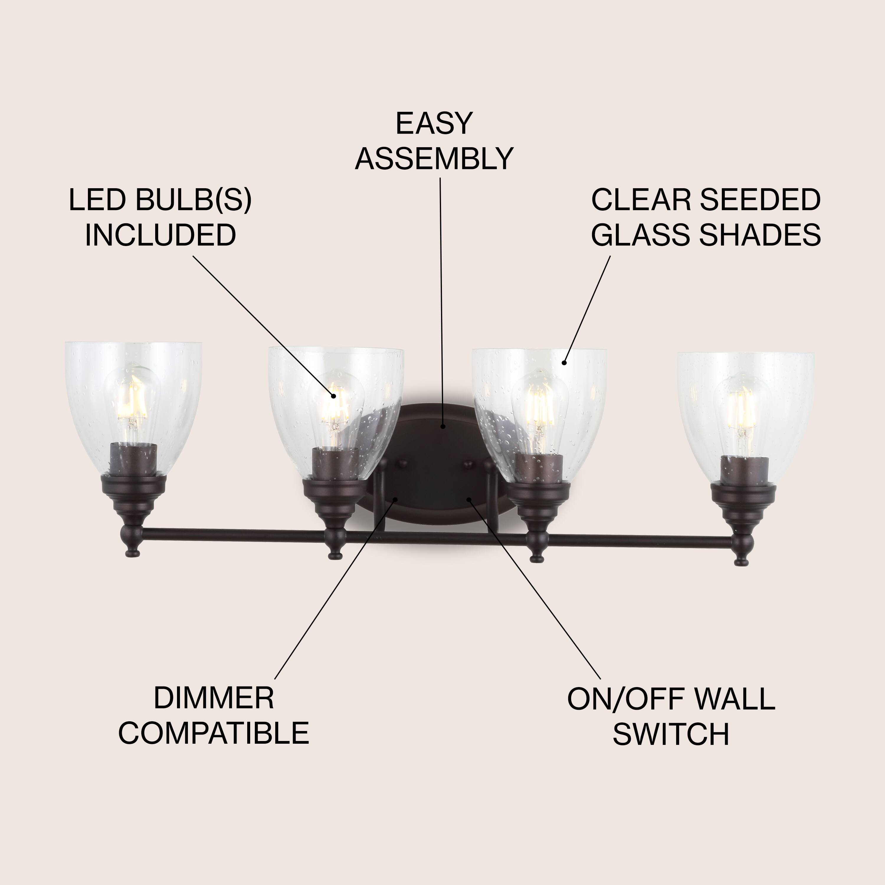 LED BULB(S) INCLUDED  
EASY ASSEMBLY  
CLEAR SEEDED GLASS SHADES  
DIMMER COMPATIBLE  
ON/OFF WALL SWITCH