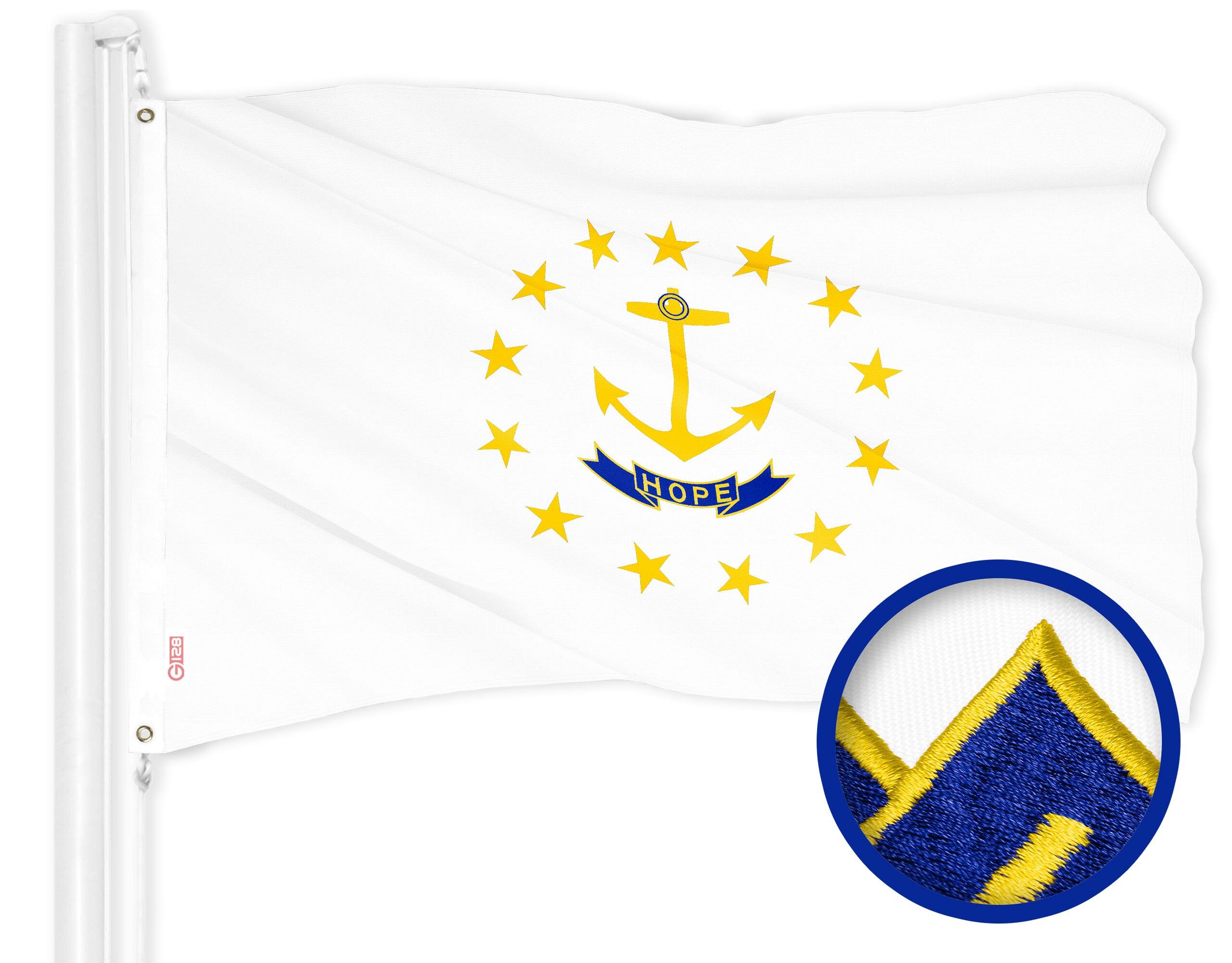 G128 - Rhode Island Embroidered Flag — 3 x 5 ft ToughWeave 300D Polyester, Brass Grommets - Assorted Colors