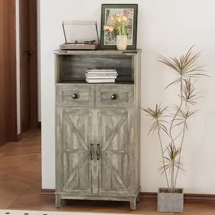 Front. U-HOMY - Farmhouse Freestanding Storage Cabinet with Doors and Adjustable Shelves, Small Floor Organizer for Entryway - Grey.
