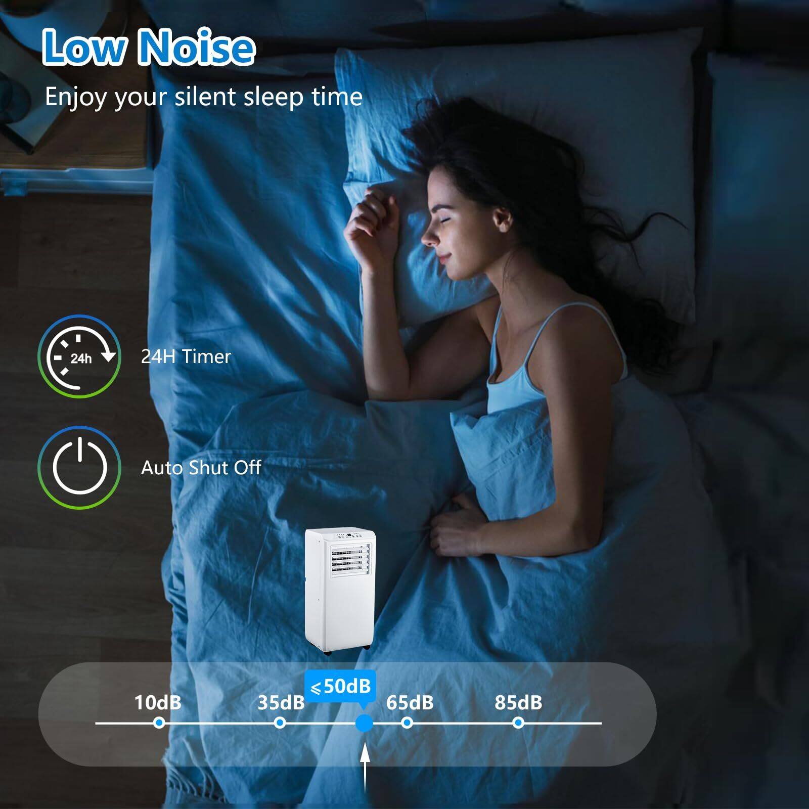 Low Noise  
Enjoy your silent sleep time  

24H Timer  
Auto Shut Off  

10dB 35dB ≤50dB 65dB 85dB