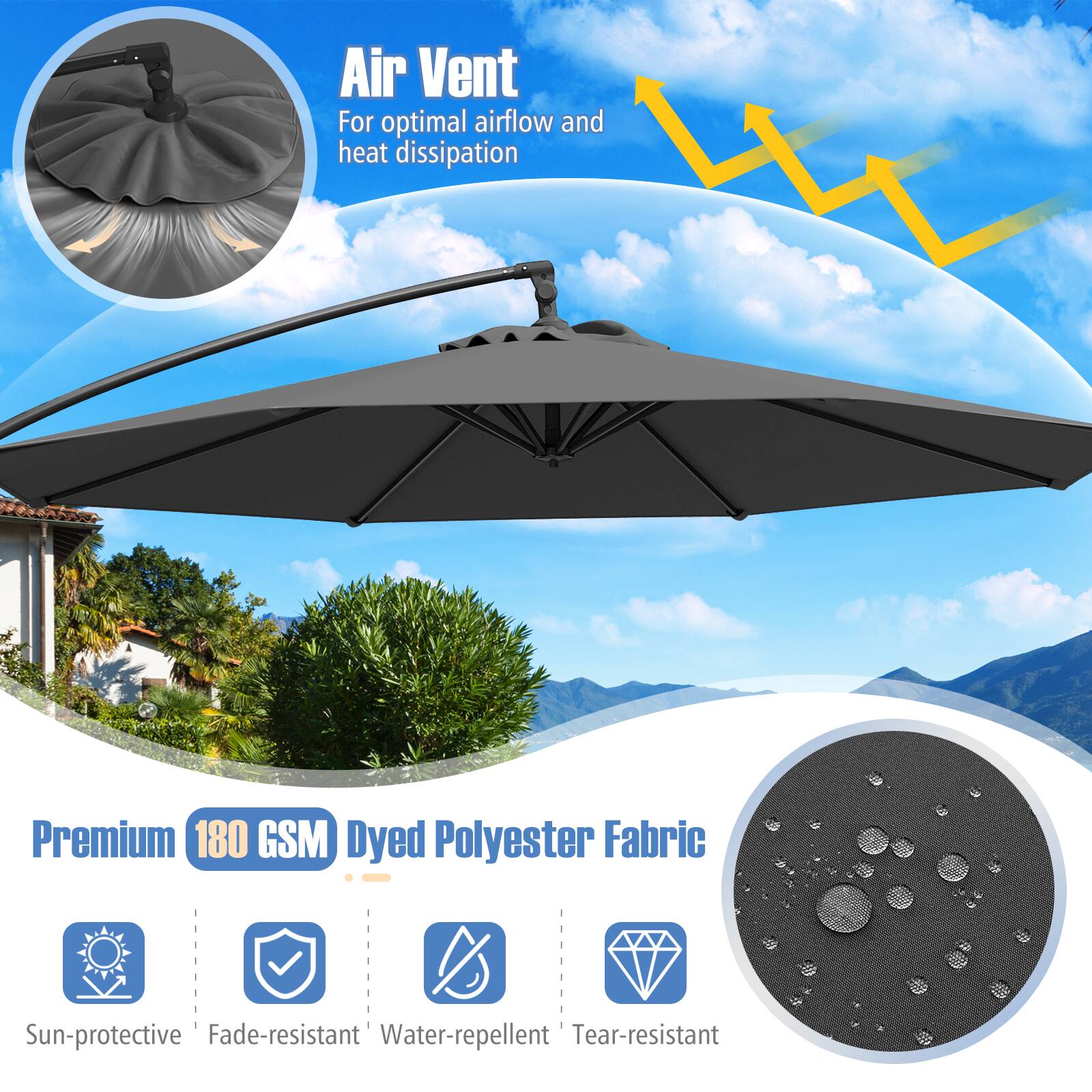 Air Vent  
For optimal airflow and heat dissipation  

Premium 180 GSM Dyed Polyester Fabric  
Sun-protective  
Fade-resistant  
Water-repellent  
Tear-resistant