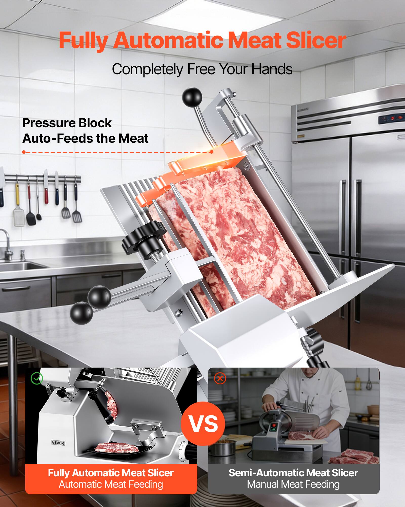 Fully Automatic Meat Slicer  
Completely Free Your Hands

Pressure Block Auto-Feeds the Meat

VEVOR

VS

Fully Automatic Meat Slicer  
Automatic Meat Feeding

Semi-Automatic Meat Slicer  
Manual Meat Feeding