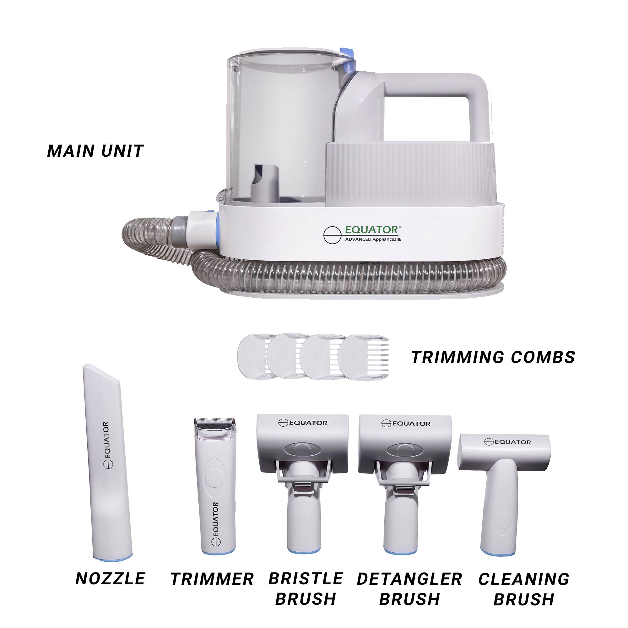 MAIN UNIT  
EQUATOR  

TRIMMING COMBS  
EQUATOR  

NOZZLE  
TRIMMER  
BRISTLE BRUSH  
DETANGLER BRUSH  
CLEANING BRUSH