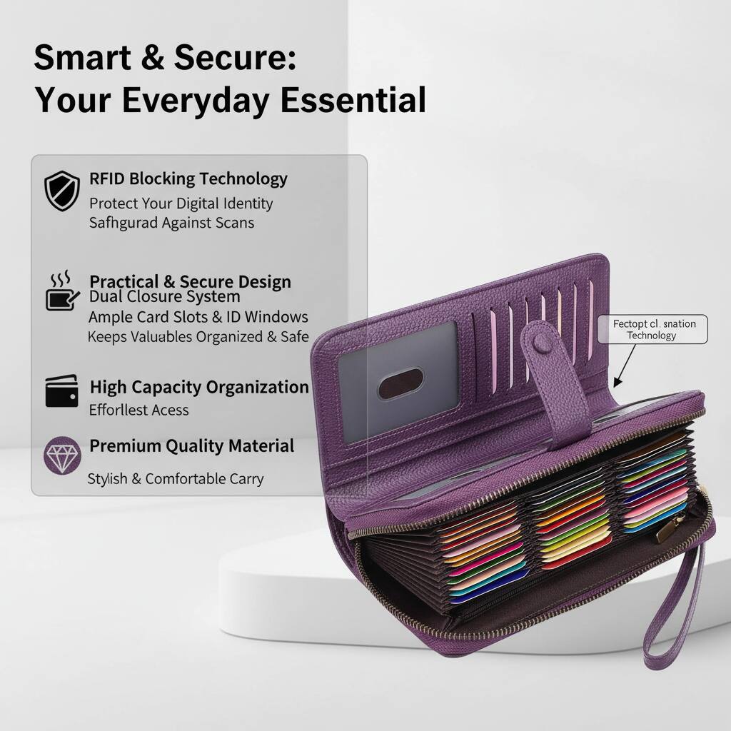 Smart & Secure: Your Everyday Essential

- RFID Blocking Technology
  - Protect Your Digital Identity
  - Safeguard Against Scans

- Practical & Secure Design
  - Dual Closure System
  - Ample Card Slots & ID Windows
  - Keeps Valuables Organized & Safe

- High Capacity Organization
  - Effortless Access

- Premium Quality Material
  - Stylish & Comfortable Carry