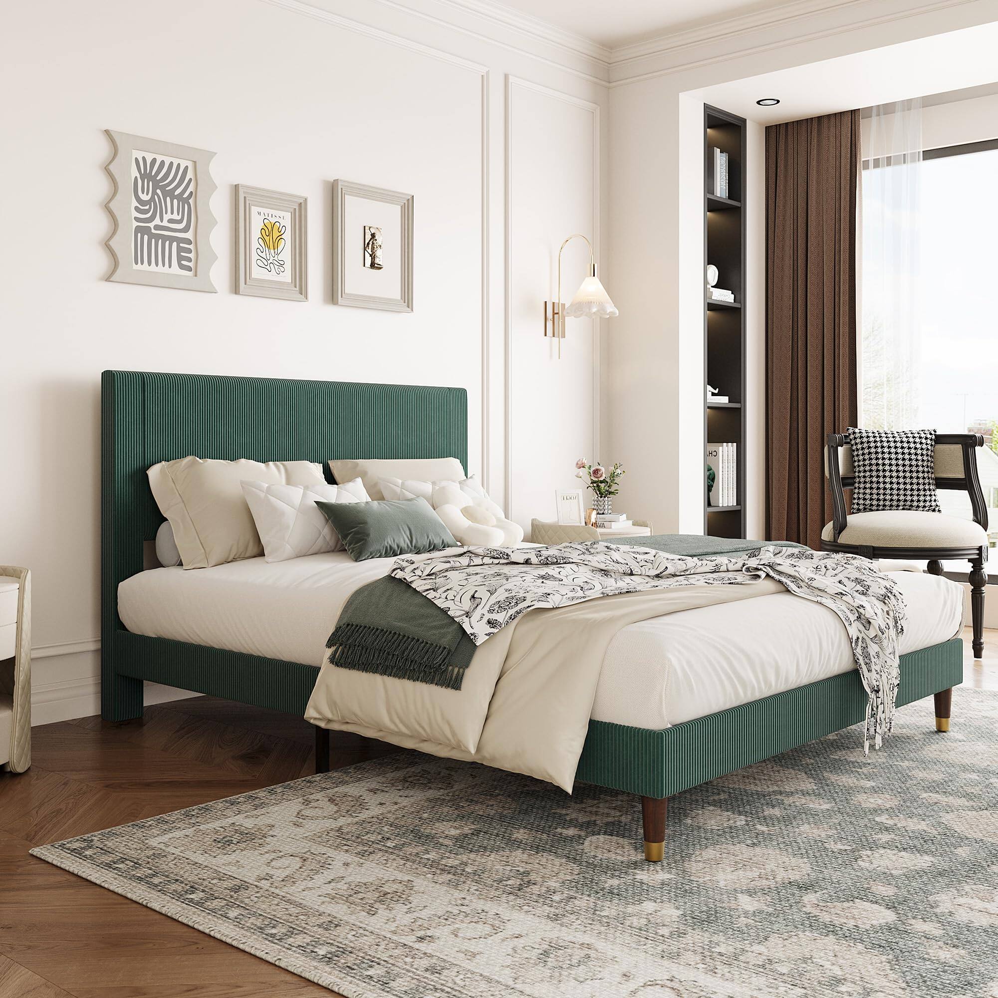 Front. Homhougo - Full Bed Frame Upholstered Platform Bed with Fabric Headboard, Non-Slip and Noise-Free - Green.