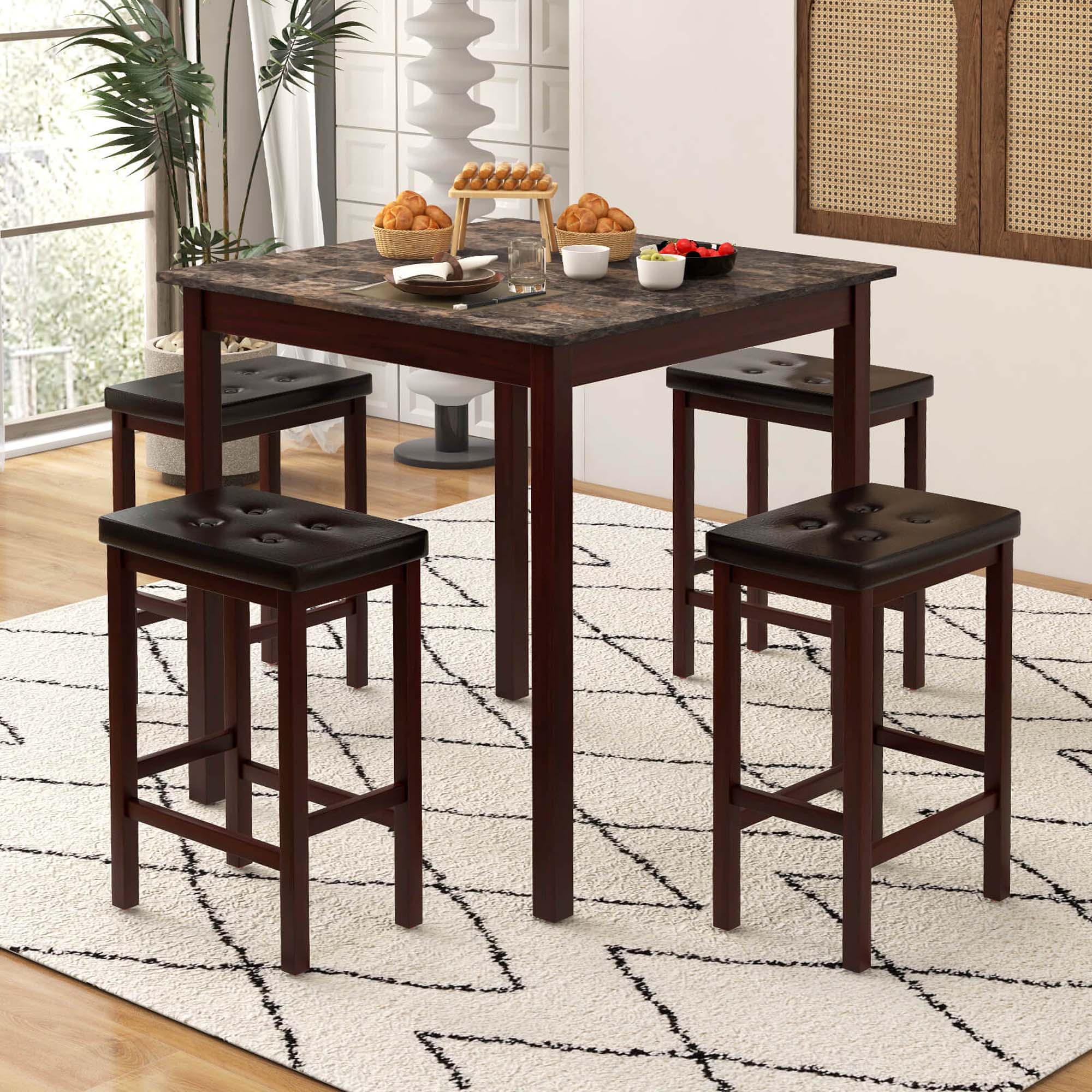 Alt View 4. Costway - 5 PCS Bar Table Set Square Dining Table & 4 PVC Leather Upholstered Bar Stools - Brown.