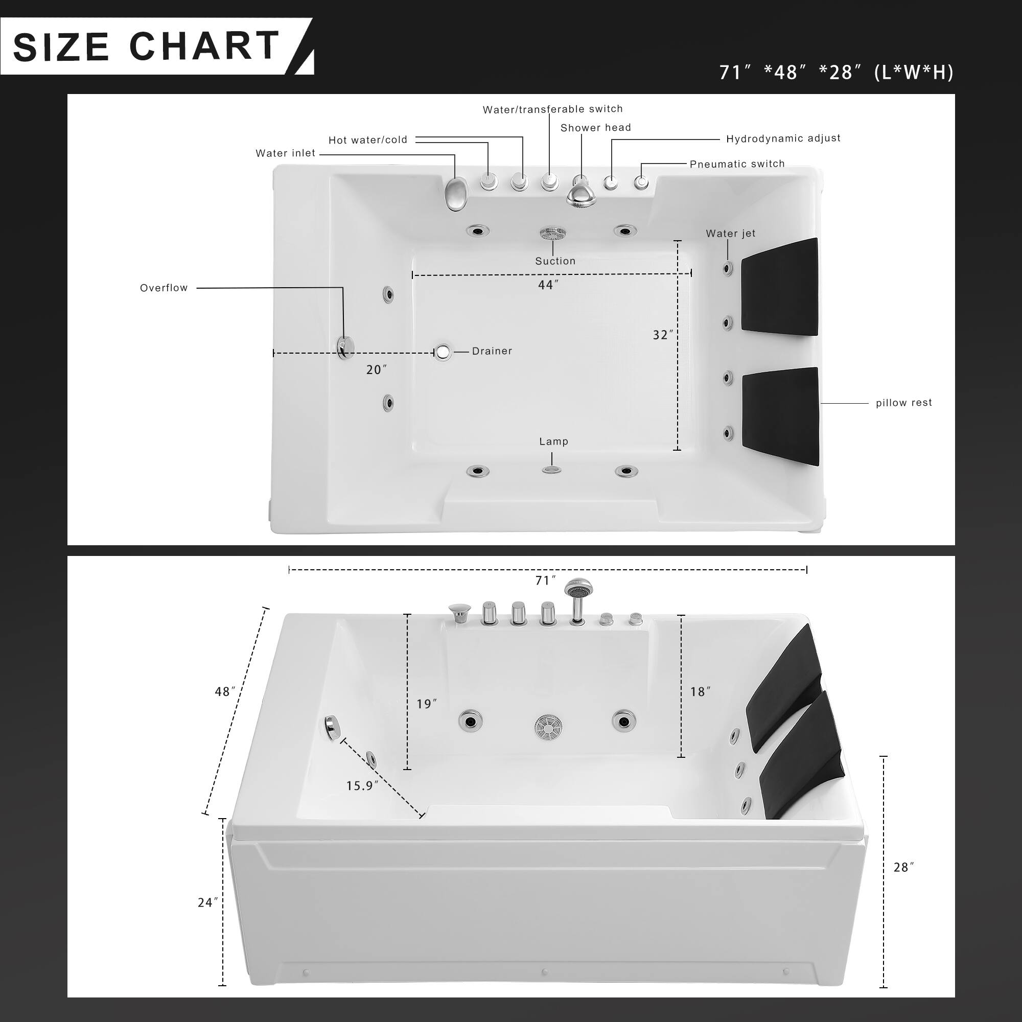 **SIZE CHART**

71" * 48" * 28" (L*W*H)

- Water inlet
- Hot water/cold
- Water/transferable switch
- Shower head
- Hydrodynamic adjust
- Pneumatic switch
- Water jet
- Overflow
- Suction
- Drainer
- Pillow rest
- Lamp

- 71"
- 48"
- 28"
- 44"
- 20"
- 32"
- 19"
- 18"
- 15.9"
- 24"