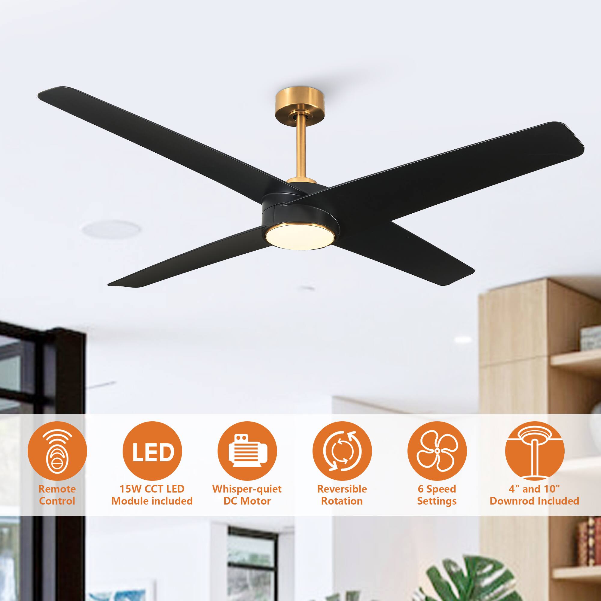 - LED Remote Control
- 15W CCT LED Module included
- Whisper-quiet DC Motor
- Reversible Rotation
- 6 Speed Settings
- 4" and 10" Downrod Included