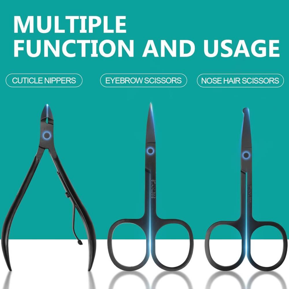 MULTIPLE FUNCTION AND USAGE

CUTICLE NIPPERS  
EYEBROW SCISSORS  
NOSE HAIR SCISSORS