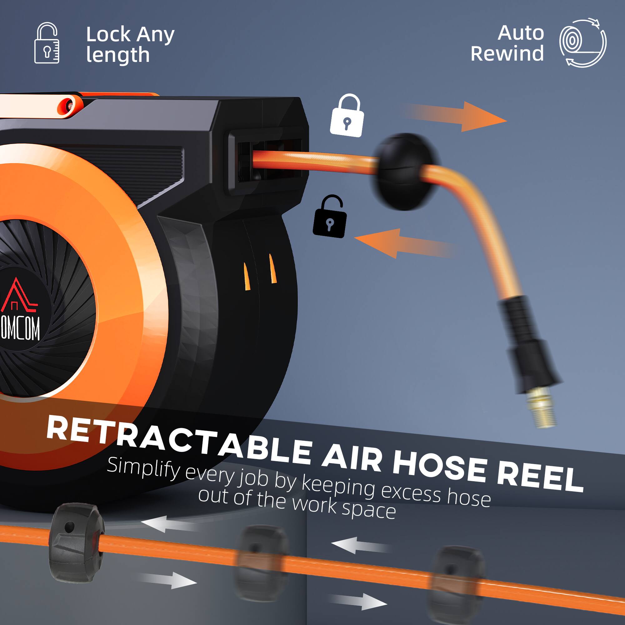 Lock Any length  
Auto Rewind  

RETRACTABLE AIR HOSE REEL  
Simplify every job by keeping excess hose out of the work space