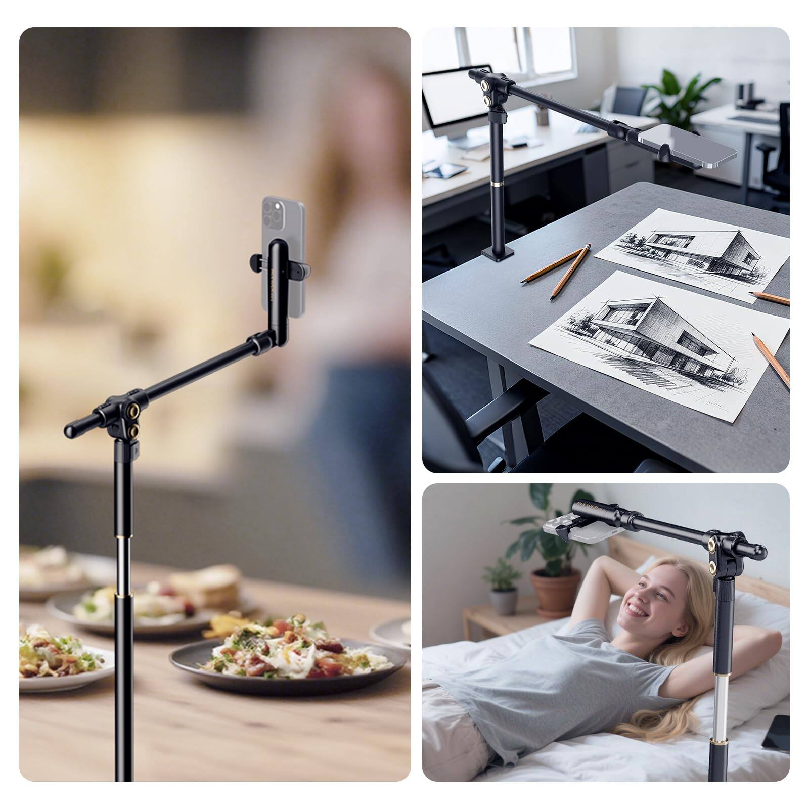 Alt View 2. Neewer - Basics Overhead Phone Mount, Metal Desk Tripod, for Cooking/Vlogging - Black.