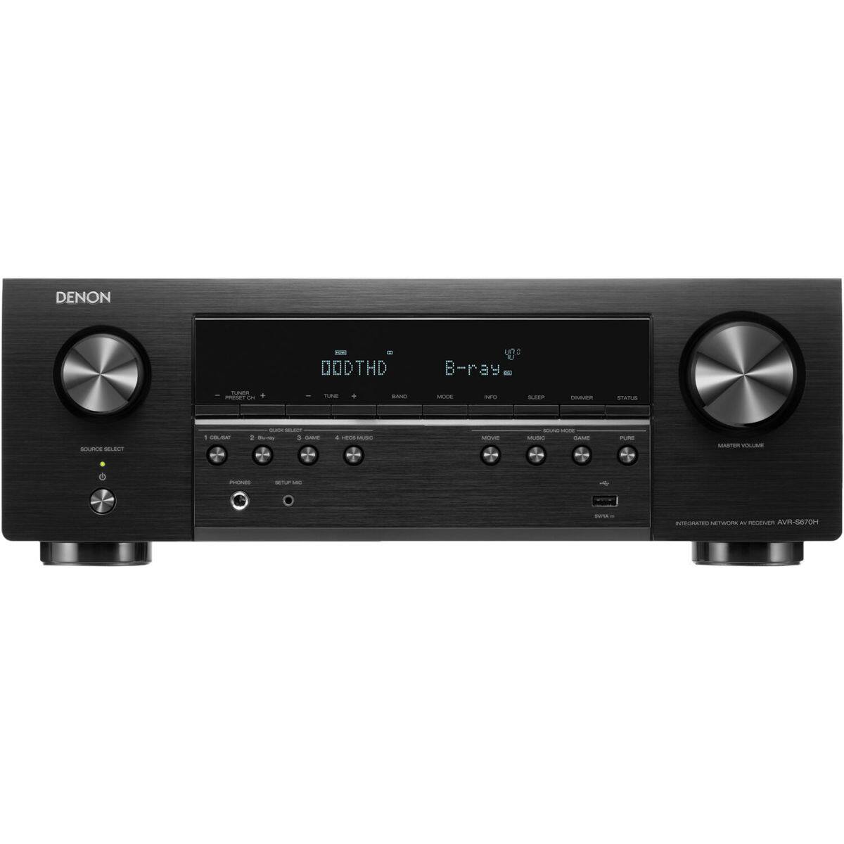 DENON  
DODTHD  
y: B-ray  
TUNER PRESET CH  
TUNE  
4  
BAND  
MODE  
INFO  
SLEEP  
DIMMER  
STATUS  
SOURCE SELECT  
1 COLISAT  
GOLD SUC ; Blu-ray 3 GAME  
4 HIDA MUSC  
MOVE  
touno MOKE MUSIC GAME  
PURE  
MASTER VOLUME  
PHONES  
SETUP MC  
APEN  
INTEGRATED NETWORK a RECOMER AVR-S670H