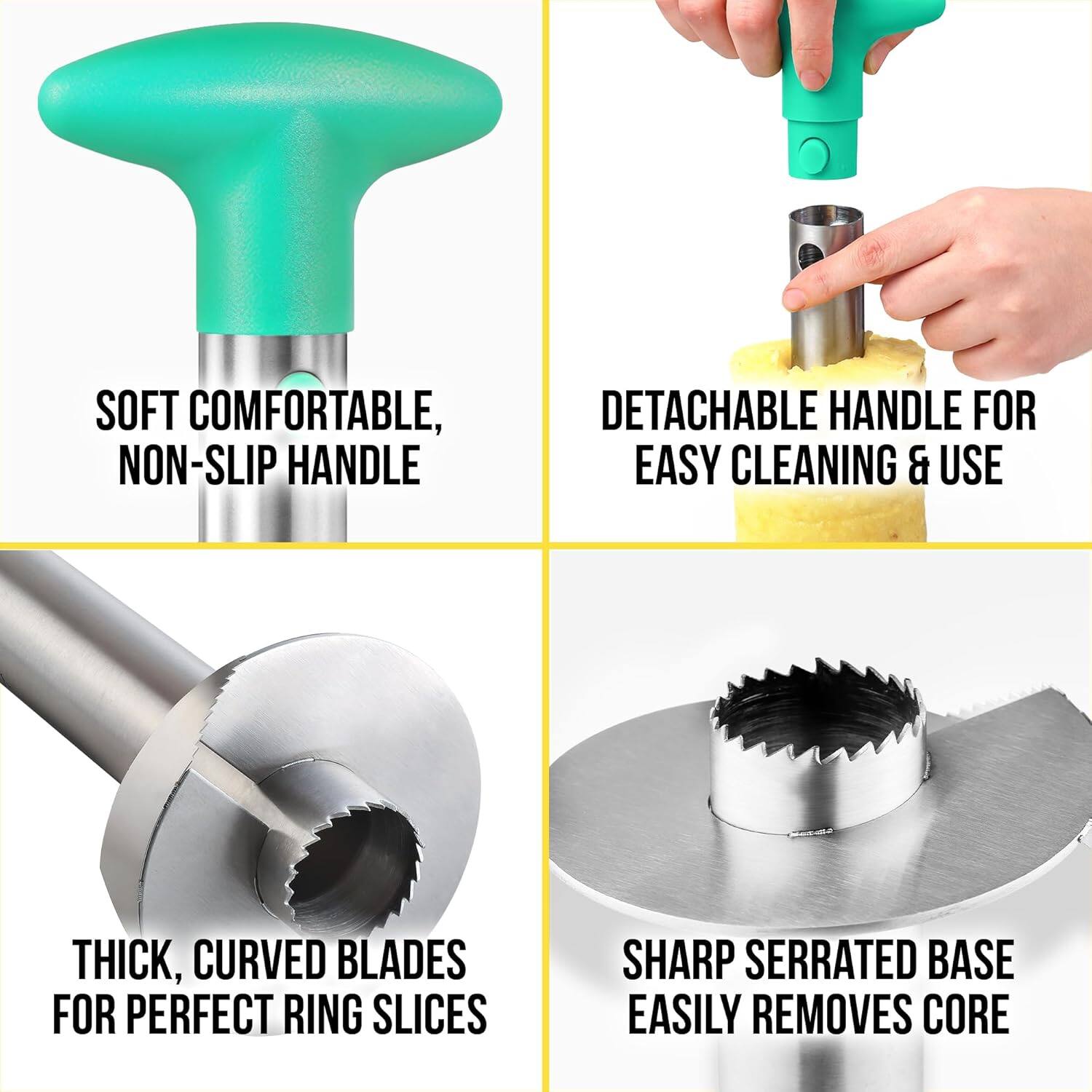 - Soft comfortable, non-slip handle
- Detachable handle for easy cleaning & use
- Thick, curved blades for perfect ring slices
- Sharp serrated base easily removes core
