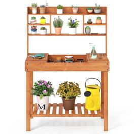Gymax - 61'' Wooden Potting Bench Table w/3-Tier Open Shelf Flip-up Tabletop for Backyard - Yellow