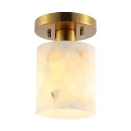 Jonathan Y - Jules 5.13" 1-Light Modern Contemporary Alabaster/Iron Cylinder LED Semi Flush Mount - White Marbling/Brass Gold
