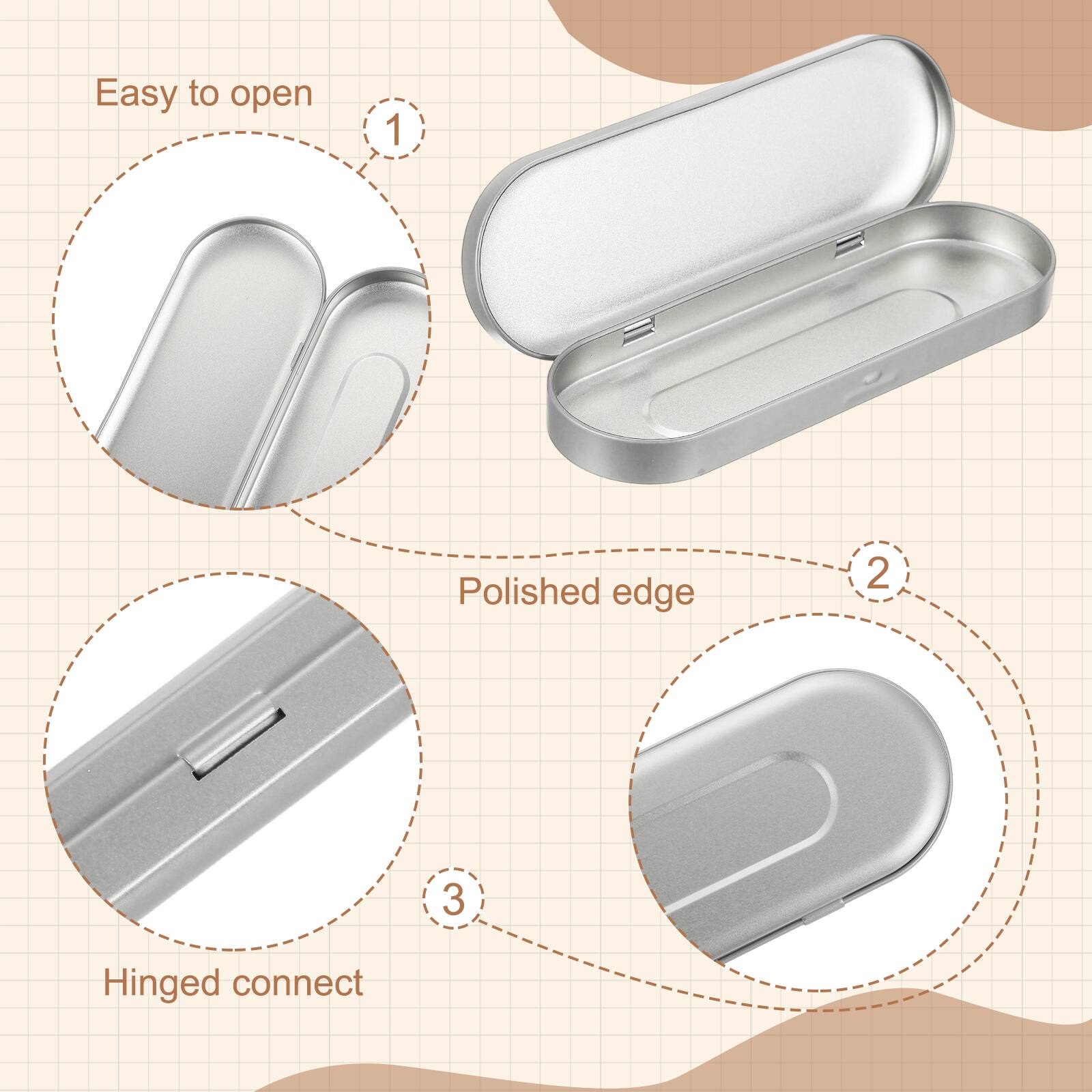 Easy to open  
1. Polished edge  
2. Hinged connect