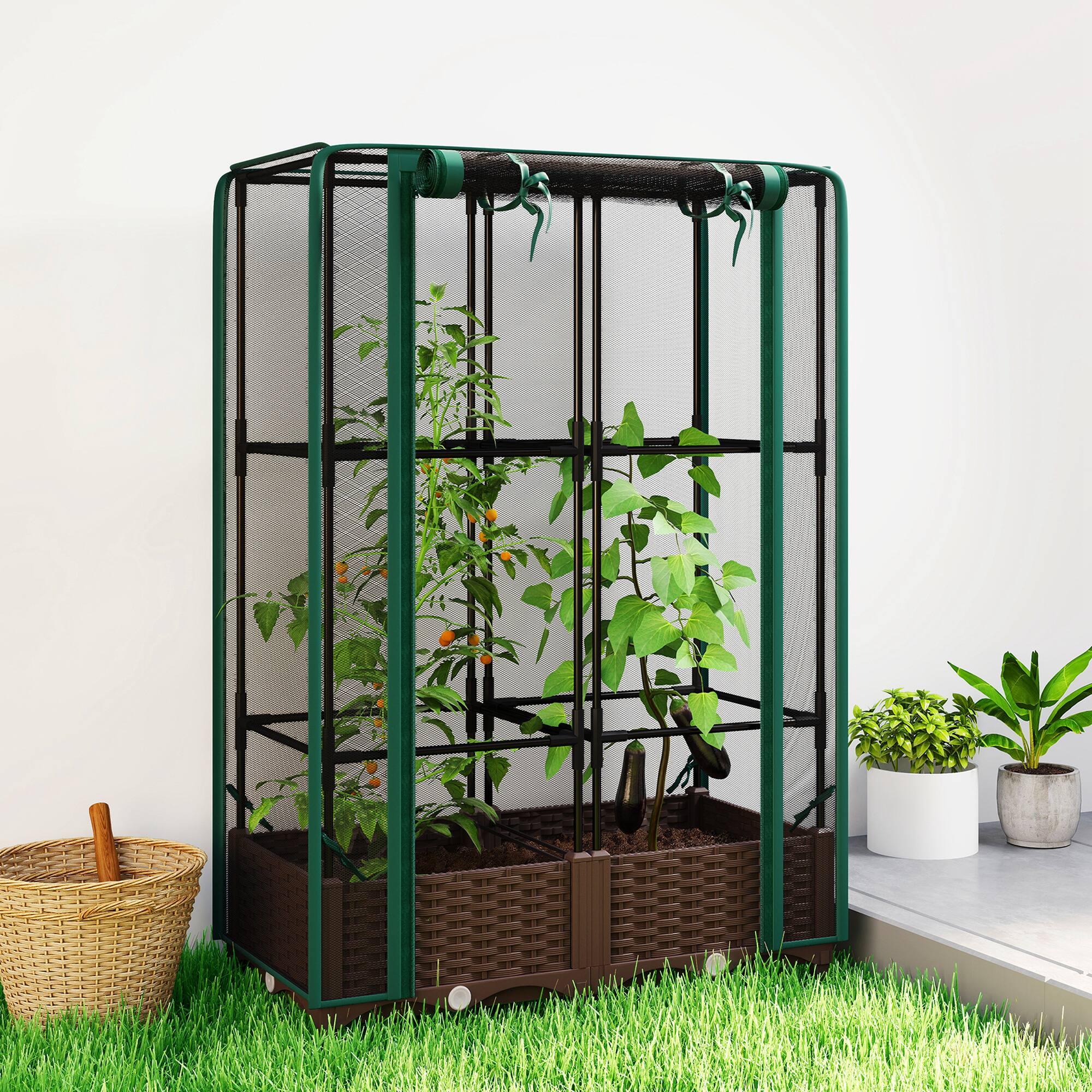 Alt View 1. Outsunny - Garden Bed with Trellis, 46.5" Tomato Cage with Crop Cage.