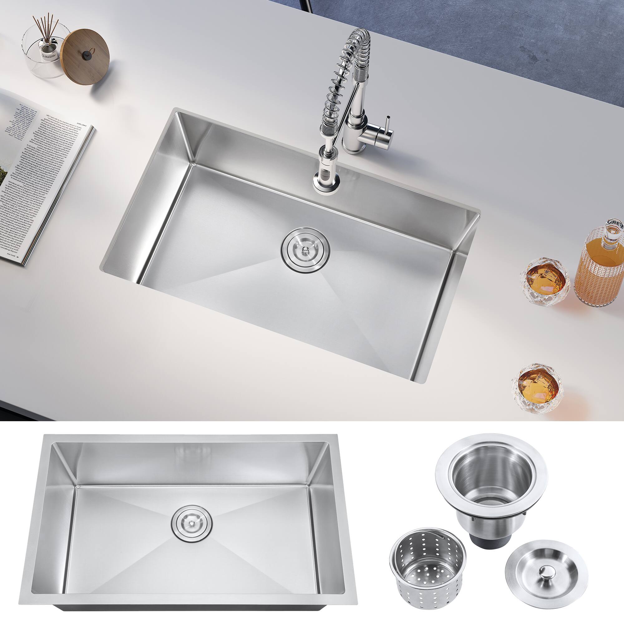 Front. Akicon - Akicon 32 in. Undermount Single Bowl 20-Gauge Silver Nano Kitchen Sink with Basket Strainer - Silver.