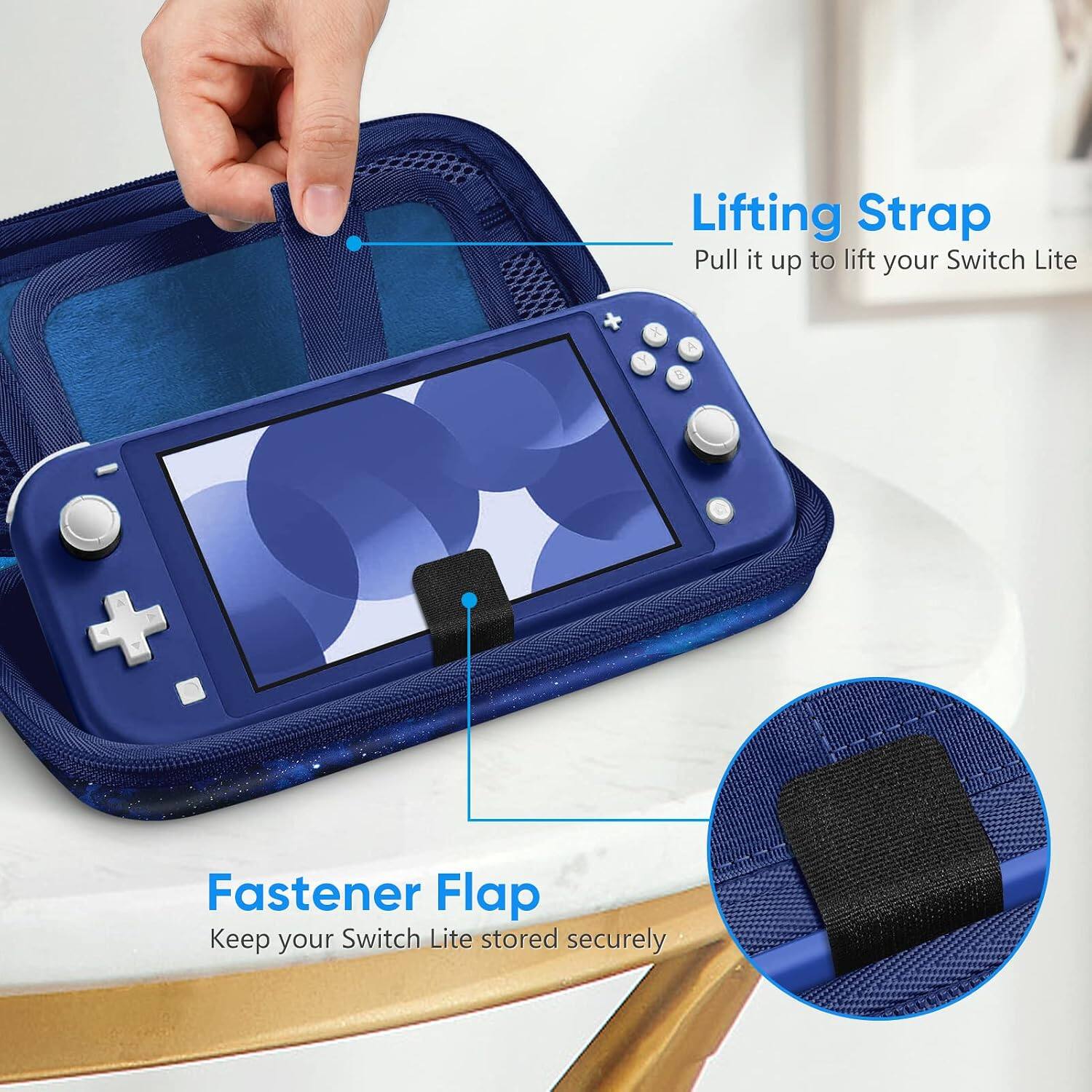 Lifting Strap  
Pull it up to lift your Switch Lite

Fastener Flap  
Keep your Switch Lite stored securely