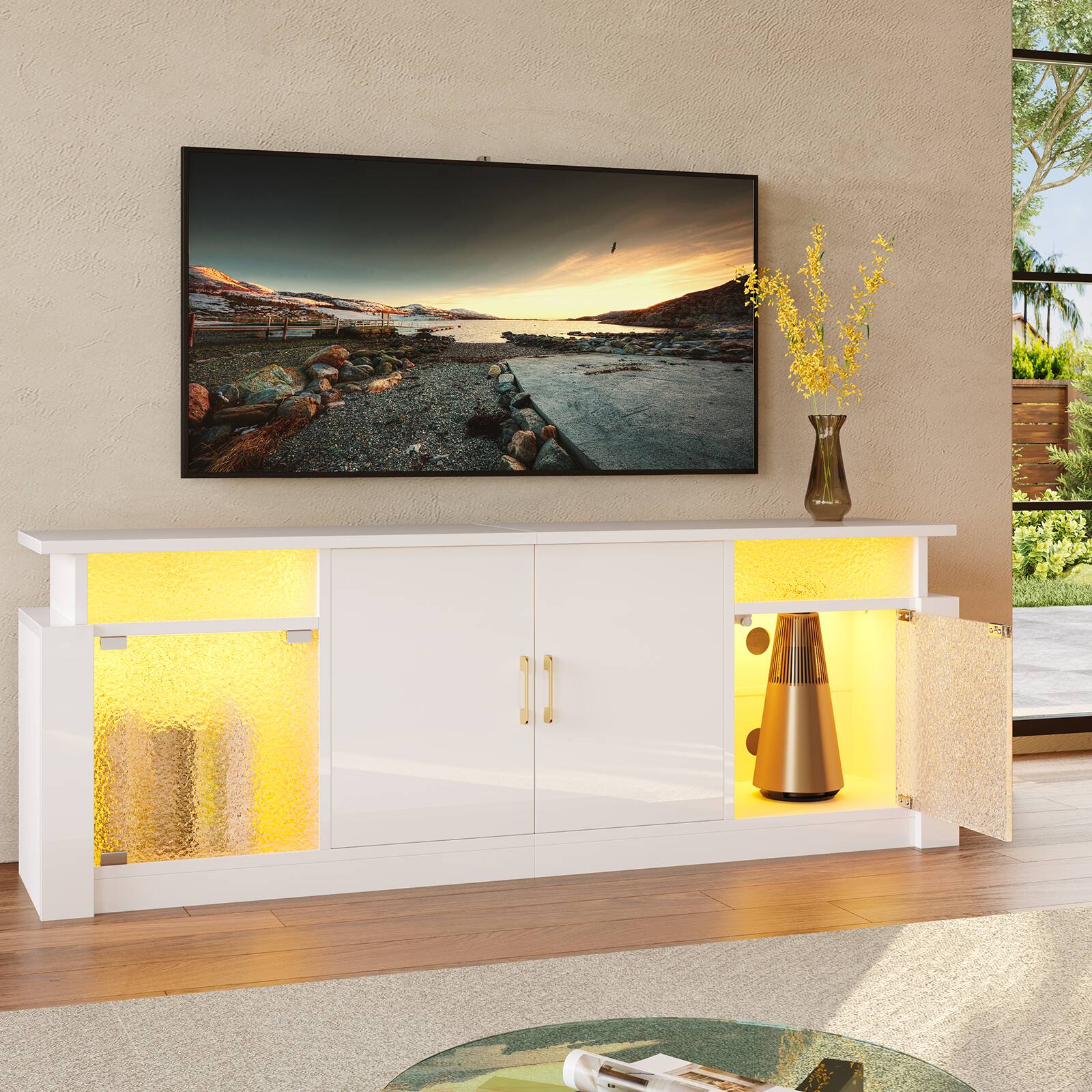 Alt View 1. Bestier - Modern 55-70" TV Stand with RGB LED, spacious storage, adjustable shelves & glossy acrylic doors for living room/bedroom - White.