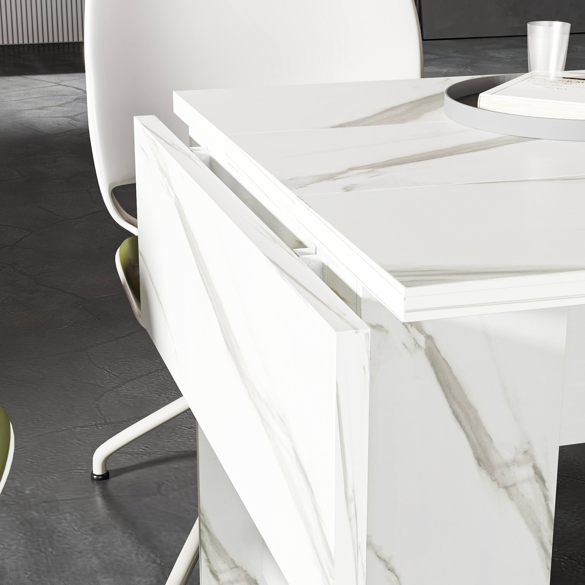 Alt View 5. FUFU & GAGA - Extendable Multifunctional Table with Press-to-Expand Design, Convertible Dining and Work Desk with Faux Stone Top - Marble White.