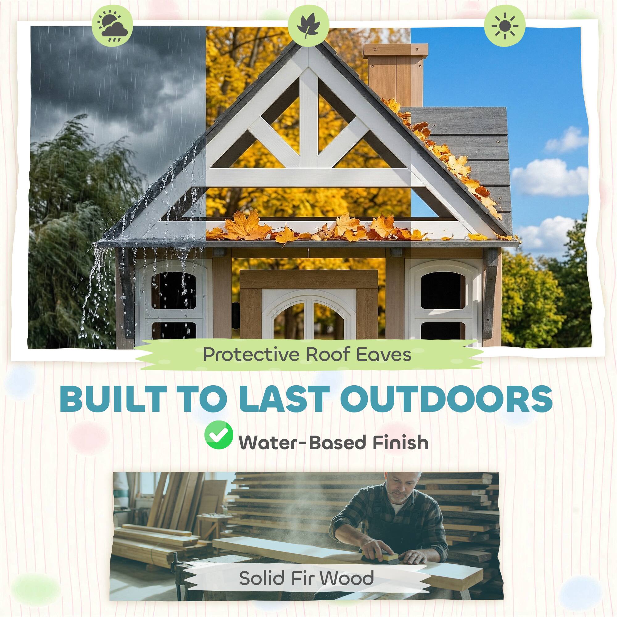 Protective Roof Eaves  
BUILT TO LAST OUTDOORS  
Water-Based Finish  
Solid Fir Wood
