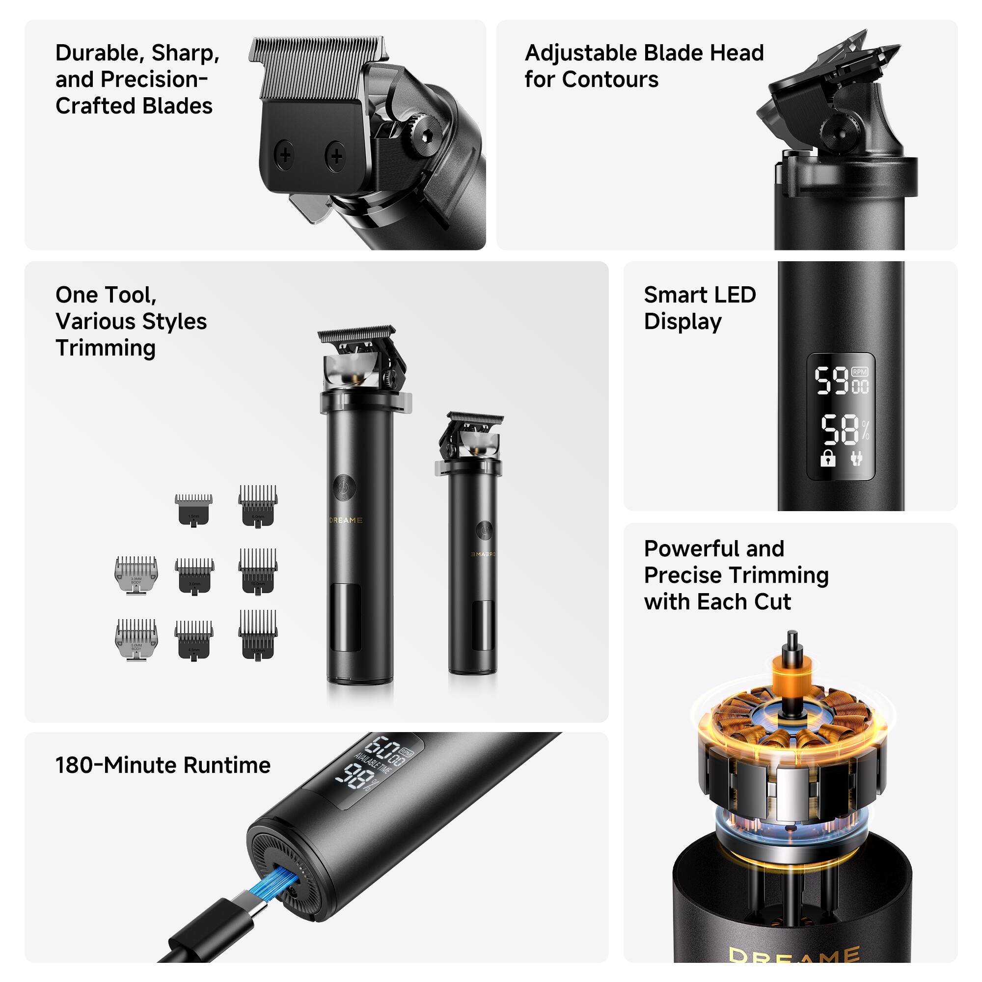- Durable, Sharp, and Precision-Crafted Blades
- Adjustable Blade Head for Contours
- One Tool, Various Styles Trimming
- Smart LED Display
- Powerful and Precise Trimming with Each Cut
- 180-Minute Runtime