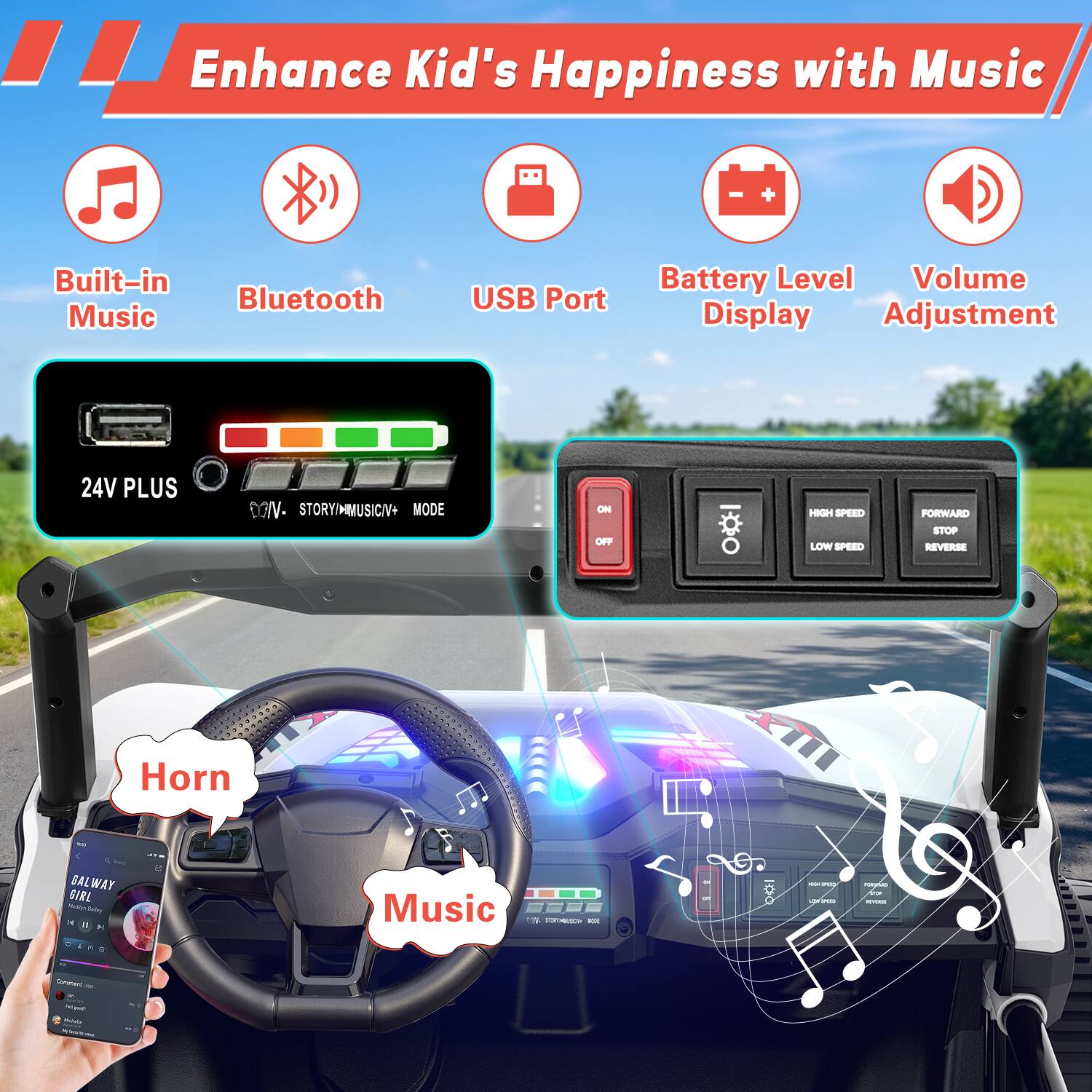 Enhance Kid's Happiness with Music

- Built-in Music
- Bluetooth
- USB Port
- Battery Level Display
- Volume Adjustment

24V PLUS

- STORY/MUSIC/TV MODE
- ON OFF
- HIGH SPEED LOW SPEED
- FORWARD STOP REVERSE
- Horn
- Music

GAL WAY 6IRL

FORMESCH

Conment = Total