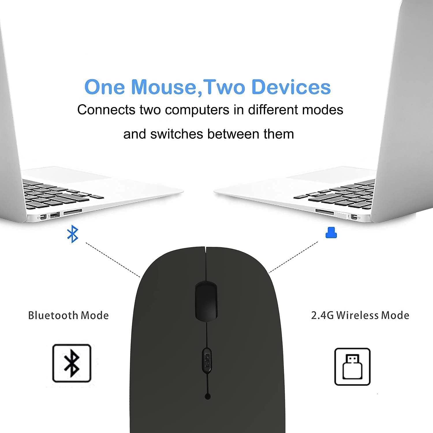 One Mouse, Two Devices  
Connects two computers in different modes and switches between them  

Bluetooth Mode  
2.4G Wireless Mode