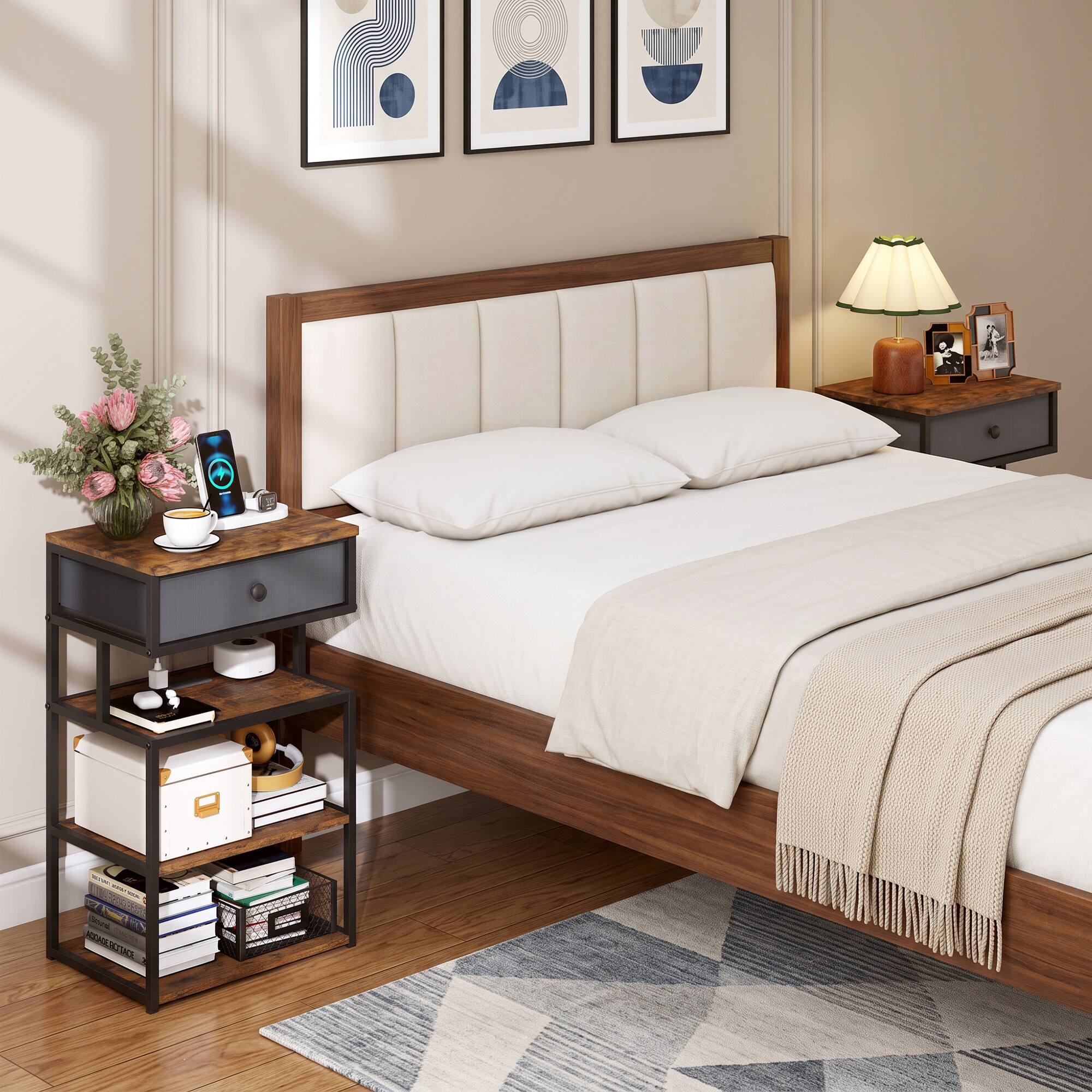 Alt View 4. WELLFOR - 28" Tall Nightstand with Charging Station and Fabric Drawer - Rustic Brown.