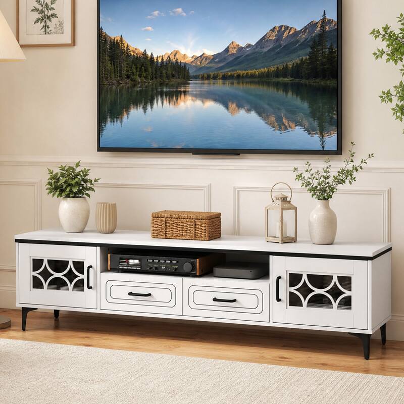 Angle. WELLFOR - Farmhouse Entertainment Center with 2 Drawers& 2 Doors, TV Stand for TVs up to 80 Inch for Living Room - White.