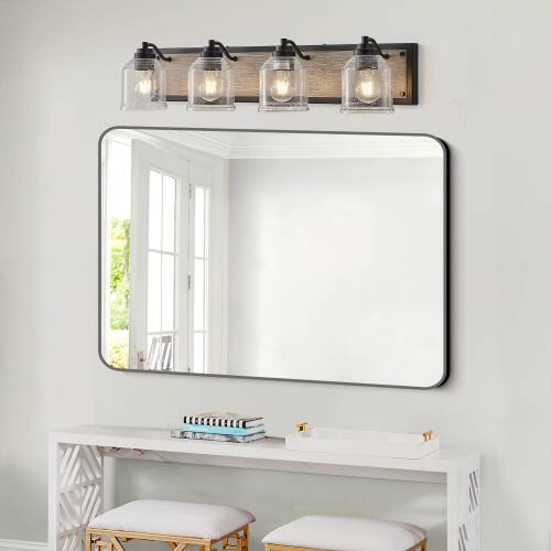 Alt View 2. LUCKY ONE - 32in Wall Mount Vanity Light, 4-Light Farmhouse Black Wood Sconce with Seeded Glass Shades - Black.
