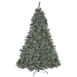 BreeBe - 9ft Cashmere and Snow Bristle Mixed Christmas Tree with Pine Cones and Clear Lights - Green