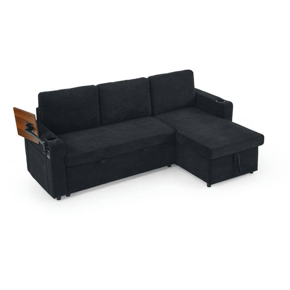 Alt View 6. Kadyn - Pull-Out Sleeper Sofa with Retractable Table, Features LED Lights, USB Ports, and Cup Holders, Black - Black.