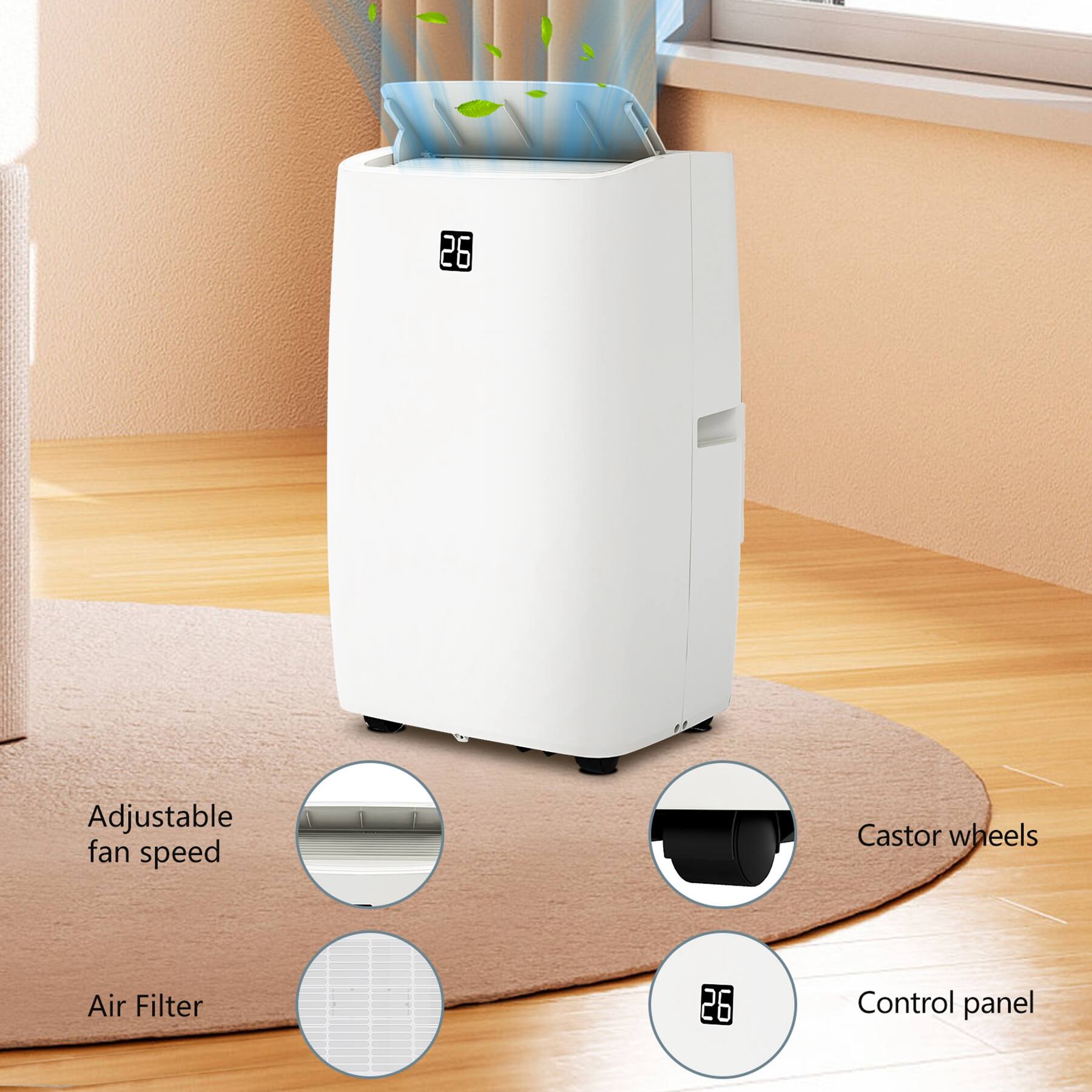 - Adjustable fan speed
- Air Filter
- Castor wheels
- Control panel