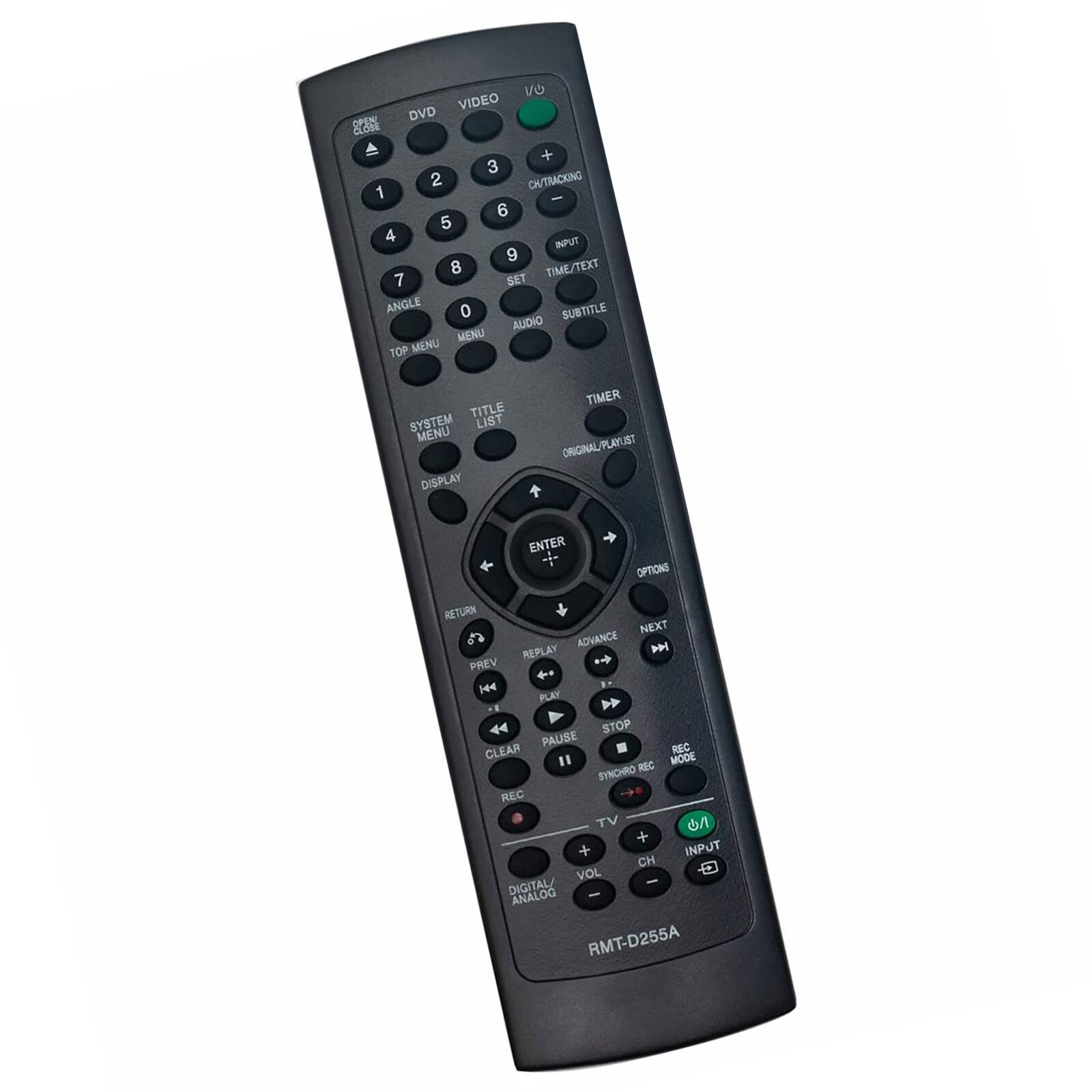 Sure, here is the corrected and grouped text from the image:

---

**Top Section:**
- OPEN DVD CLOSE
- VIDEO
- DVD
- I/O
- TRACKING
- INPUT
- TIME/TEXT
- SUBTITLE
- 1 2 3
- 4 5 6
- 7 8 9
- 0
- SET
- ANGLE
- MENU
- AUDIO
- TOP MENU
- SYSTEM MENU
- TITLE LIST
- DISPLAY
- TIMER
- ORIGINAL/PLAYLIST

**Middle Section:**
- ENTER
- OPTIONS
- RETURN
- PREV
- REPLAY
- ADVANCE
- NEXT
- PLAY
- PAUSE
- STOP
- SYNCHRO REC
- REC
- CLEAR
- MODE
- SYNCHRO
- REC
- REG
- TV

**Bottom Section:**
- DIGITAL/ANALOG
- RMT-D255A

**Additional Labels:**
- CH/TRACKING
- INPUT
- TIME/TEXT
- SUBTITLE
- AUDIO
- MENU
- TOP MENU
- TITLE
- SYSTEM LIST
- MENU
- DISPLAY
- TIMER
- ORIGINAL