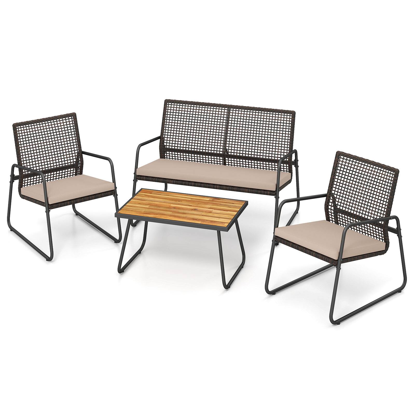 Alt View 9. Gymax - Gymax 4PCS Patio Furniture Set PE Wicker Rattan Conversation Set w/ Zippered Cushions - Beige.