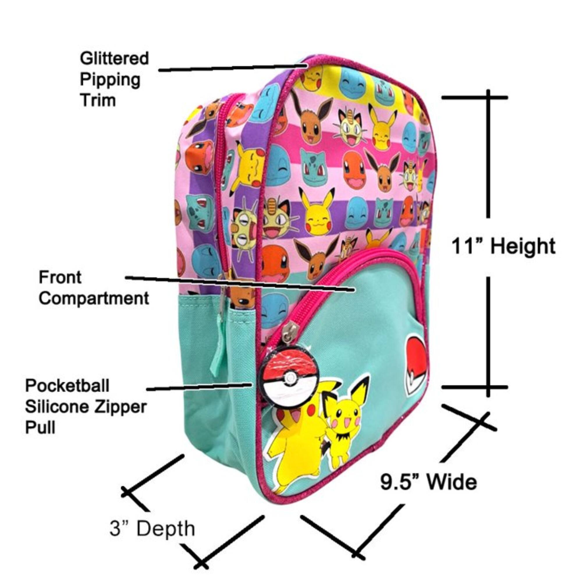 Glittered Pipping Trim  
Front Compartment  
Pocketball Silicone Zipper Pull  
11" Height  
9.5" Wide  
3" Depth