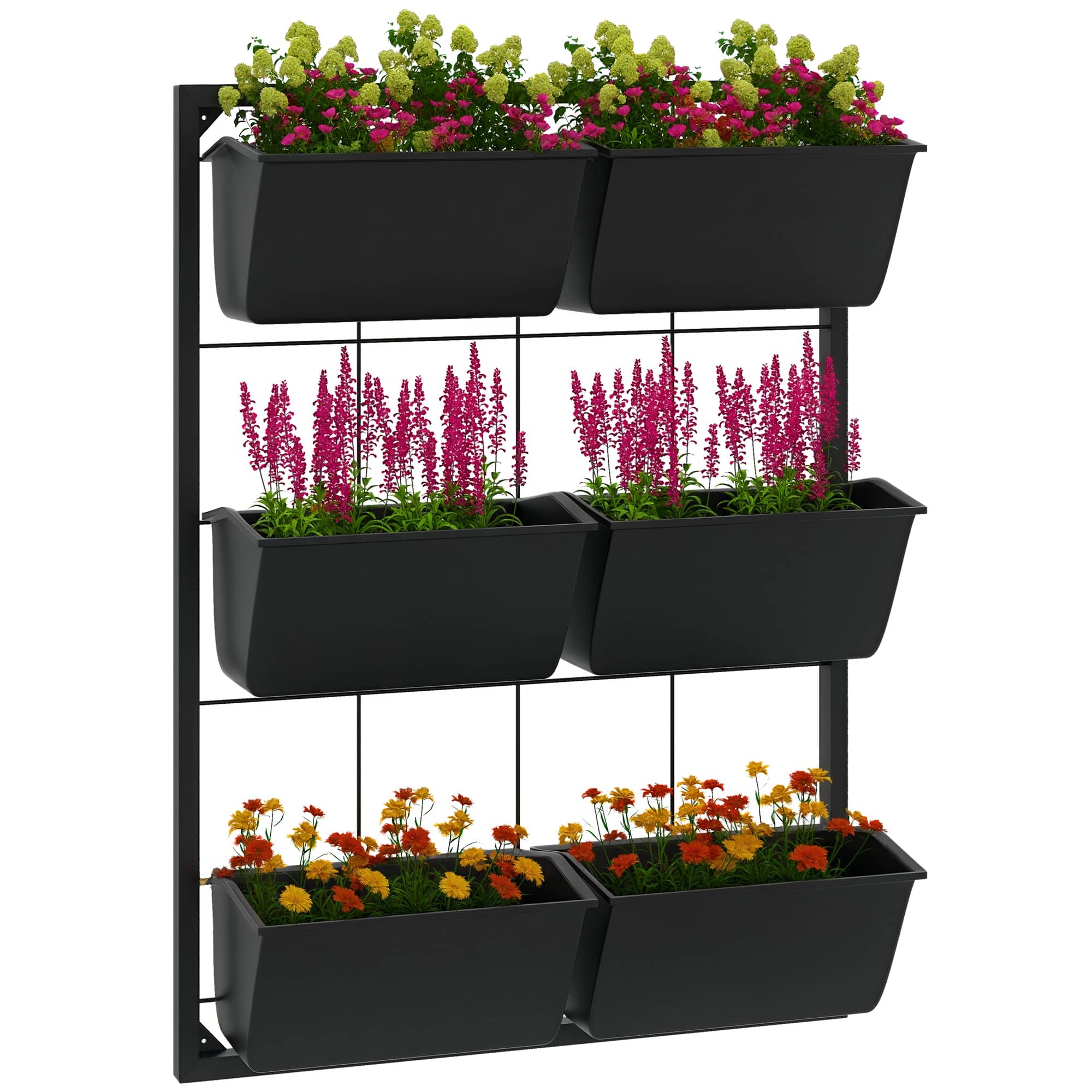Outsunny - 3-Tier Wall Planter with 6 Pots for Indoor and Outdoor Use, Hanging Plant Holder - Black