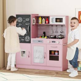 Gymax - Play Kitchen Toy Set w/ Chalkboard Oven Sink Curtain Microwave Water Dispenser - Pink