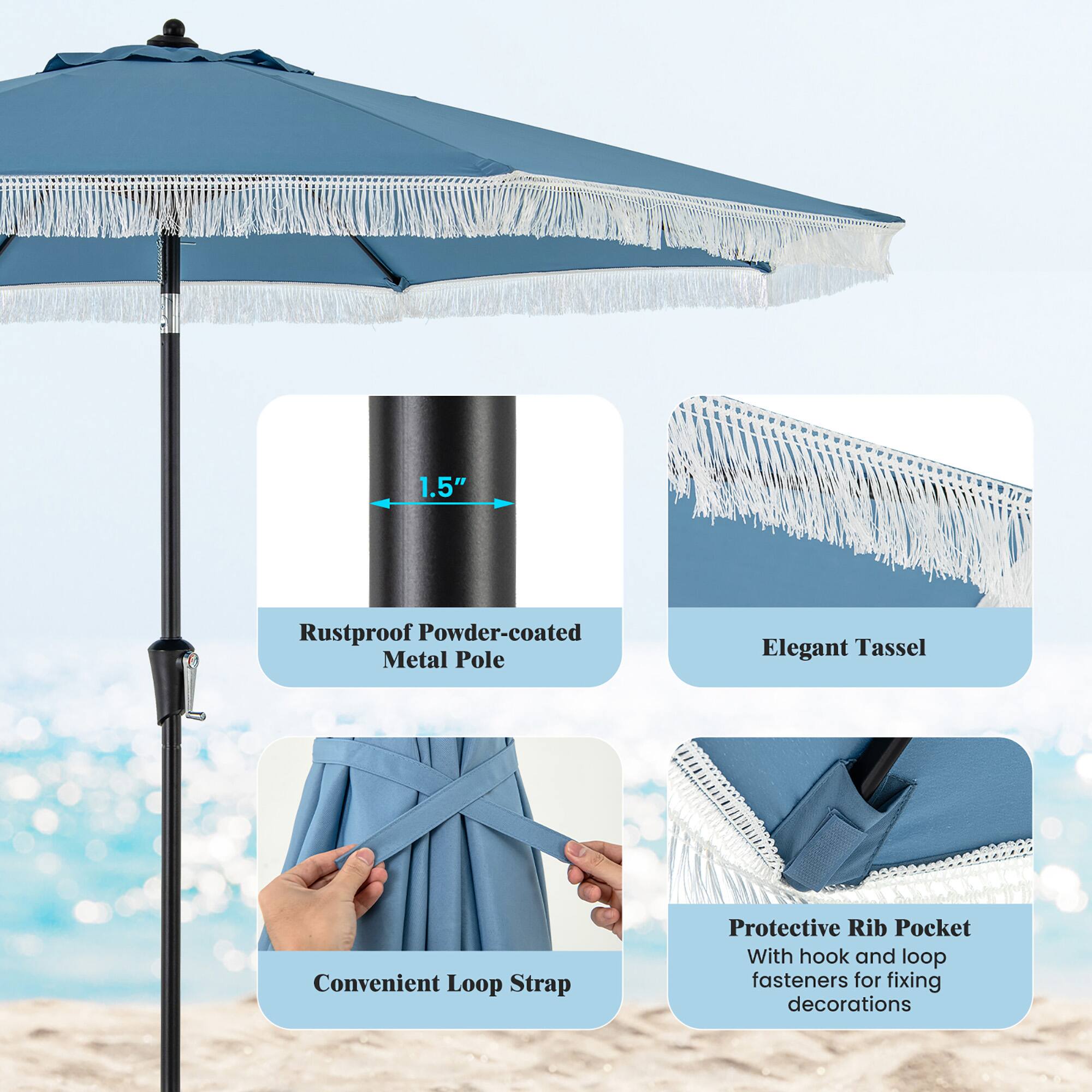 1.5" Rustproof Powder-coated Metal Pole
Elegant Tassel
Convenient Loop Strap
Protective Rib Pocket With hook and loop fasteners for fixing decorations