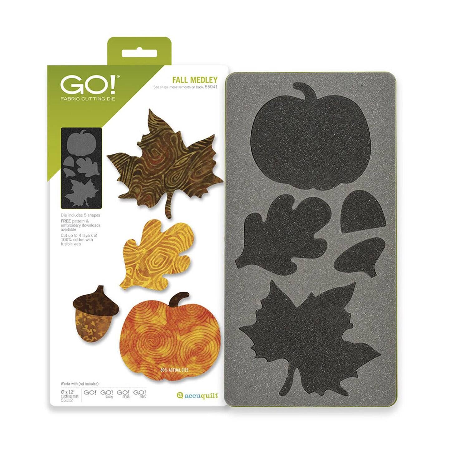 GO! FABRIC CUTTING DIE FALL MEDLEY See shape measurements on back. 55041 Die includes 5 shapes. FREE pattern & embroidery downloads. Cut up to 4 layers of 100% cotton with fusible web. Works with (net) included GO! GO! GO! GO! cutting mat 56412 accuquilt