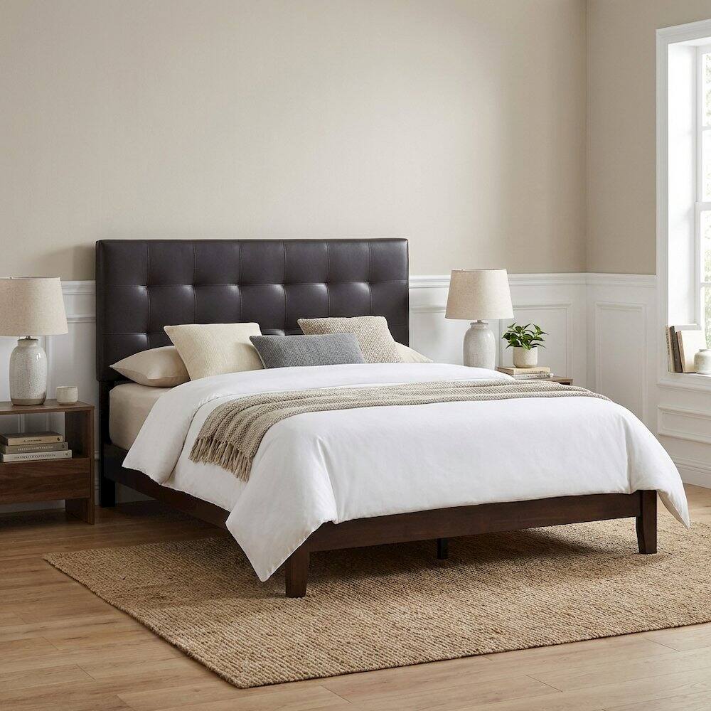 Left. FurniFact - Upholstered Vinyl King Headboard with Elegant Padded Design and Durable Finish - Brown.