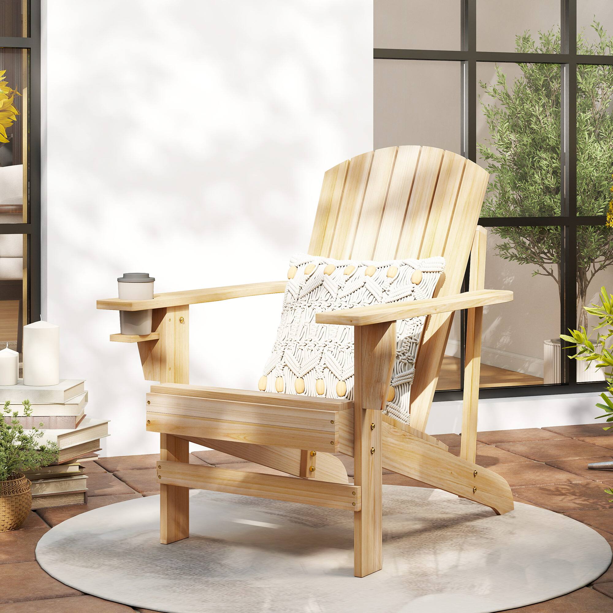 Alt View 1. Outsunny - Adirondack Chair, Outdoor Fire Pit and Porch Seating, Classic Log Lounge w/ Built-in Cupholder - Natural Wood.