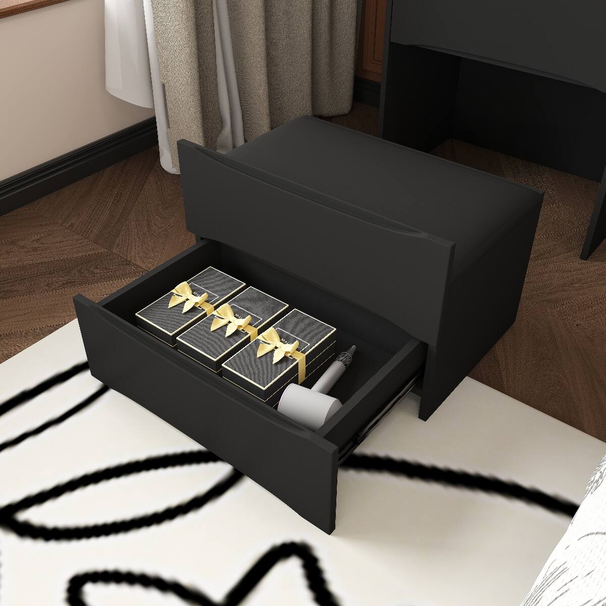 Alt View 7. Loheer - Loheer 3-in-1 Vanity Table with LED Mirror, Black Flip-Top Bedroom Storage and Cushioned Stool - Black.