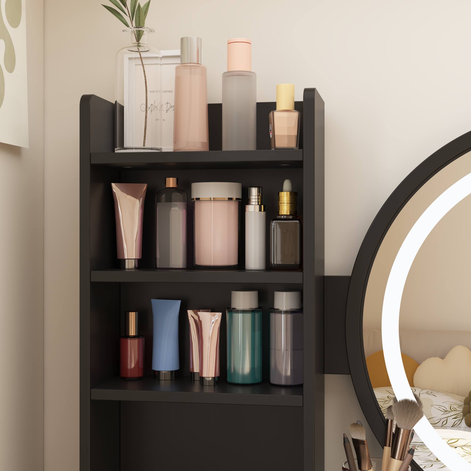 Alt View 4. Famapy - Multi-Color LED Vanity Table Set Ultimate Makeup Solution with Smart Storage Dressers - Black.