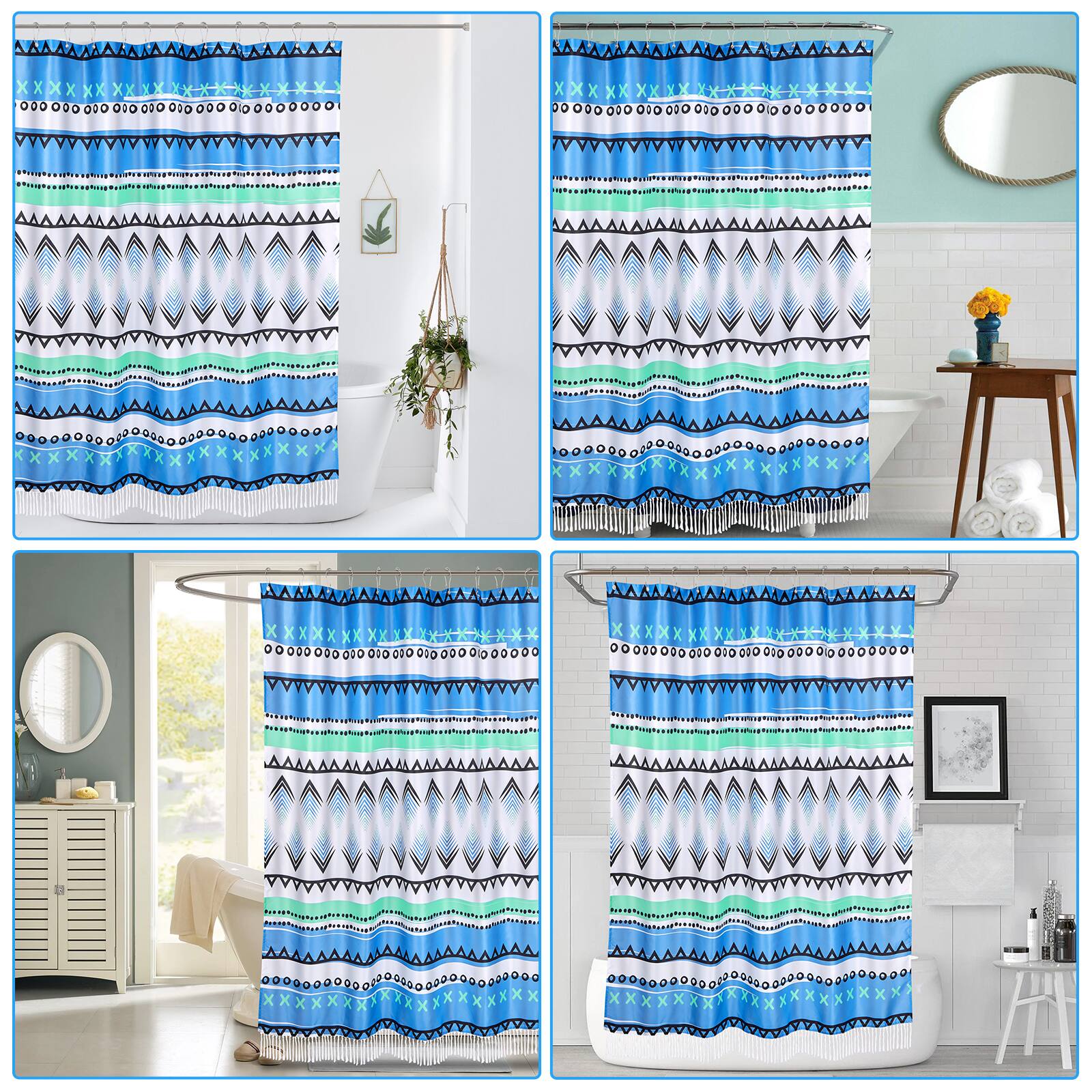 Alt View 7. Vicyak - 72" x 72" Boho Waterproof Shower Curtain with Tassels - Blue.