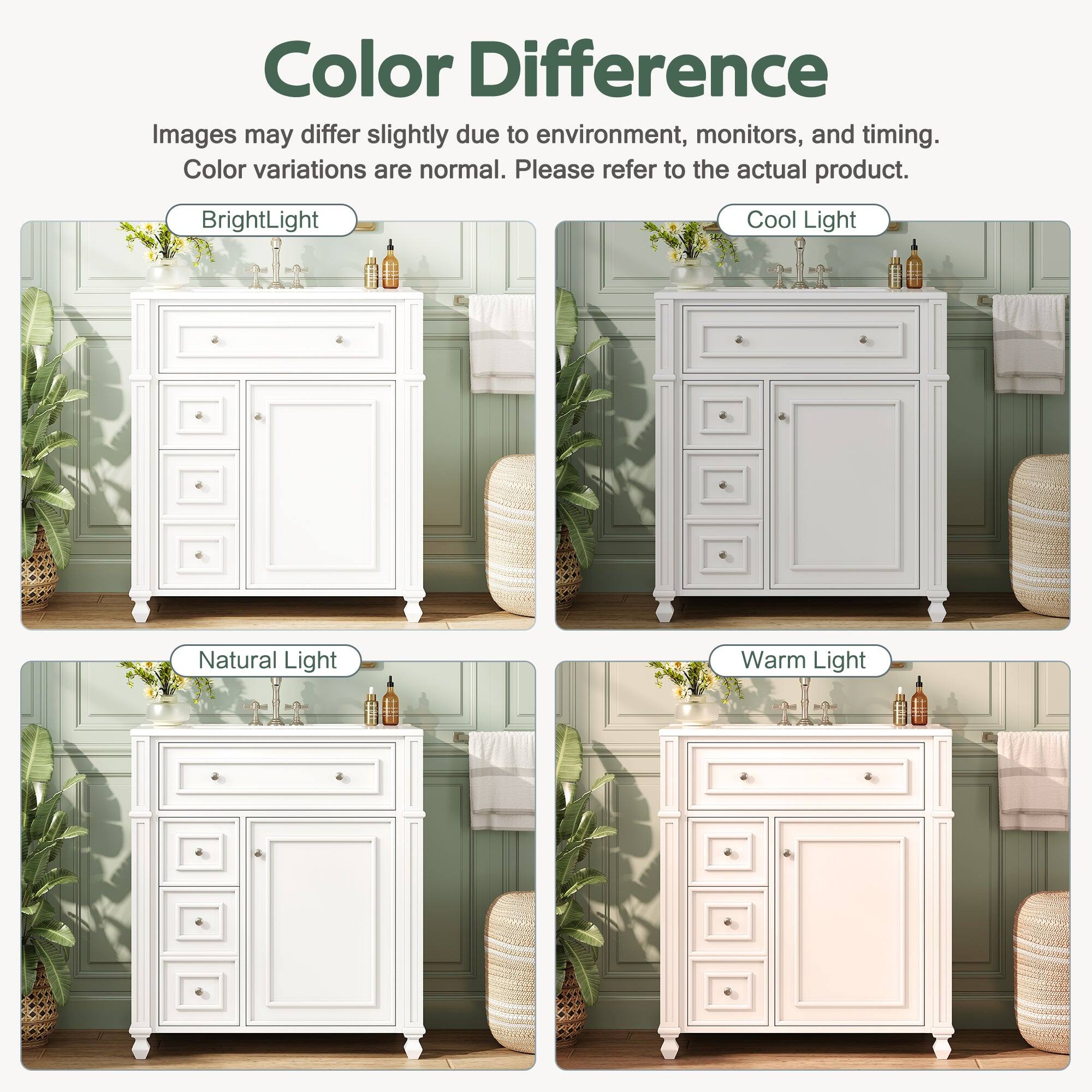Color Difference  
Images may differ slightly due to environment, monitors, and timing. Color variations are normal. Please refer to the actual product.  

Bright Light  
Cool Light  
Natural Light  
Warm Light
